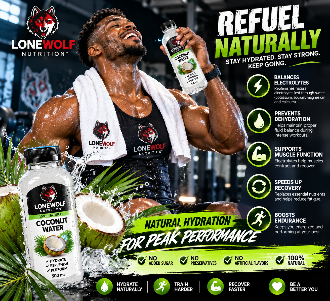 Illustrative Lonewolf coconut water athletic campaign