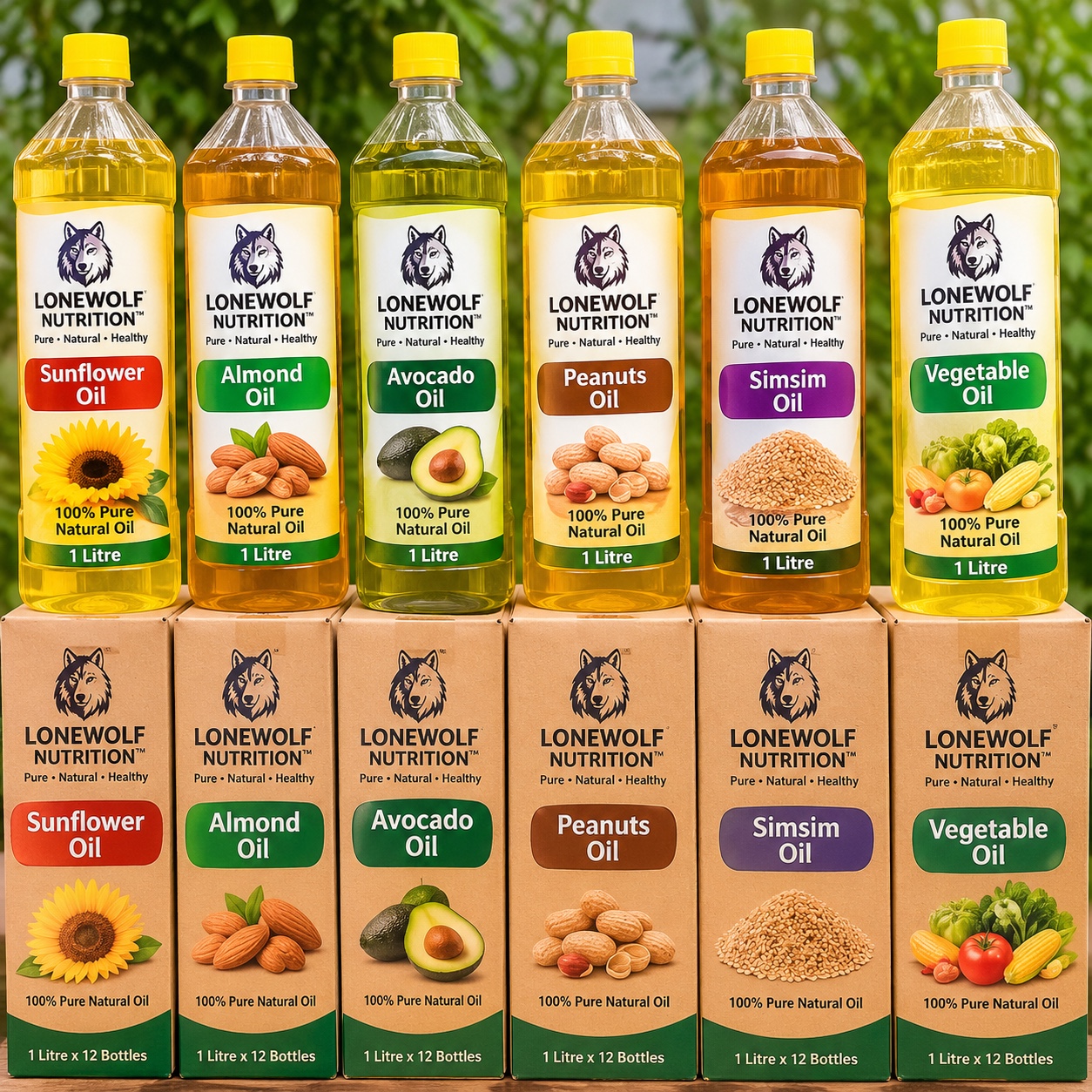 Lonewolf Nutrition natural oil bottles and ingredient cartons: sunflower, almond, avocado, peanut, simsim and vegetable oils