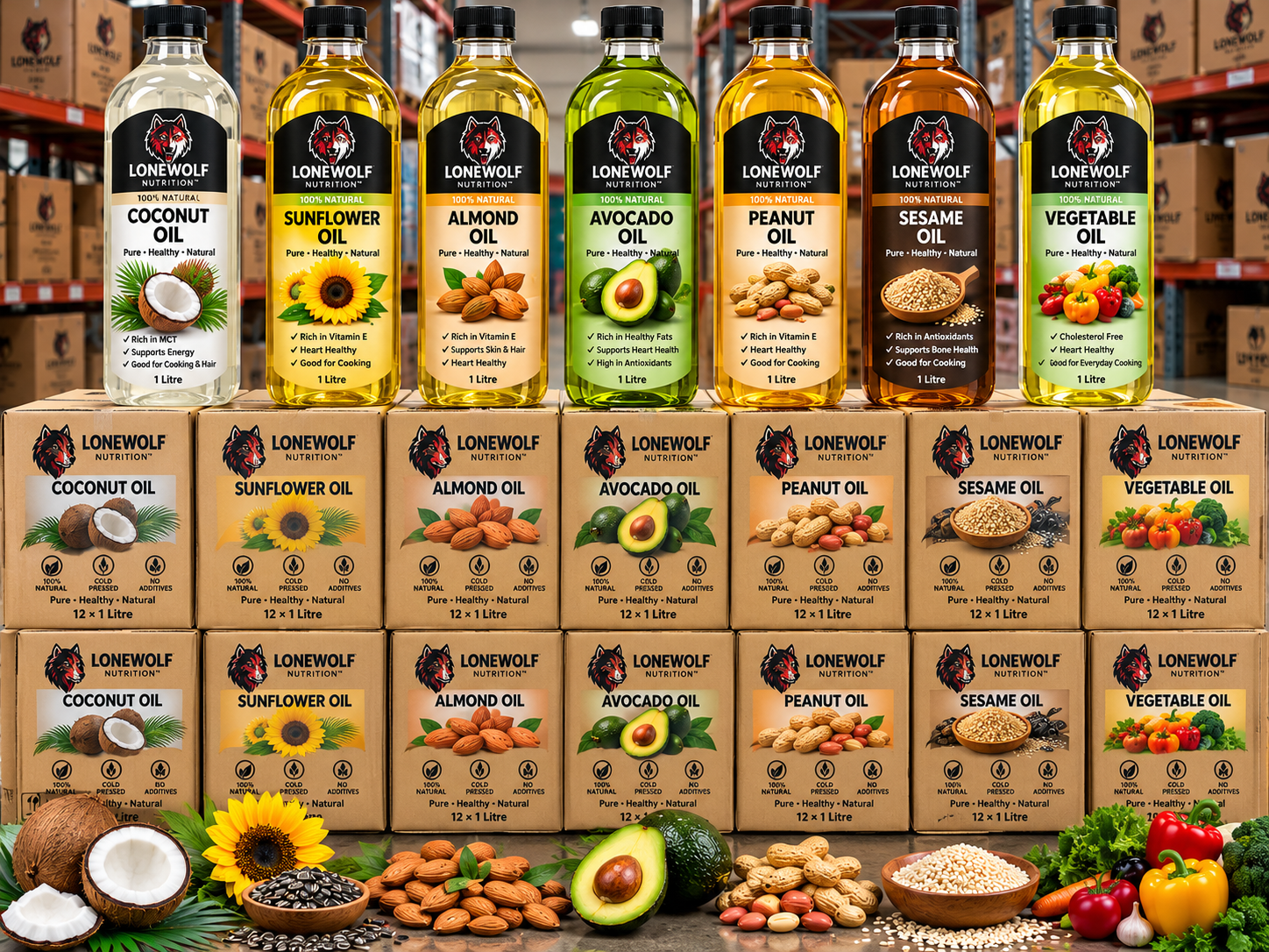 Illustrated seven-oil Lonewolf range including coconut oil